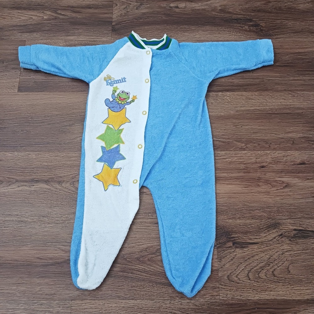 Vintage Lullaby Land Baby Kermit The Frog Muppets Blue Terry Sleeper Large 1980s
